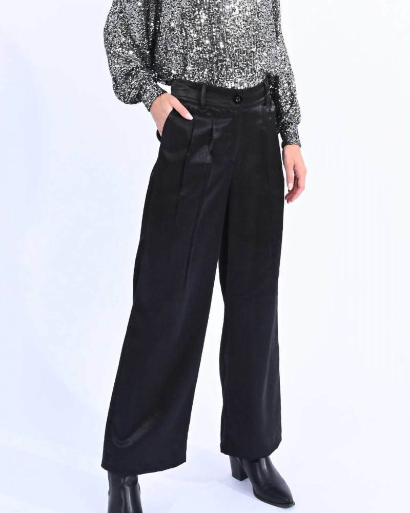 Front of a model wearing a size Large High Waist Pants In Black in Black by MOLLY BRACKEN. | dia_product_style_image_id:360252